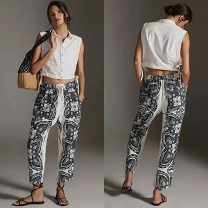 Pilcro Surf‎ Linen Paisley Pants Women’s XS Anthropologie Drawstring Black White
